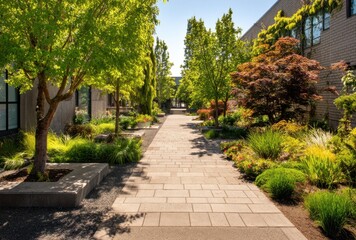 Obraz premium Serene urban pathway lined with lush green trees and vibrant plants in a modern neighborhood