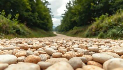 Low angle view of rounded pebbles covering the foreground leading to a path flanked by trees