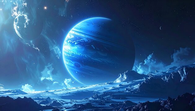 Celestial scene of a planet with moons and cosmic nebulae