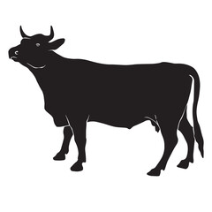 Black silhouette drawing of a cow, vector illustration, white background