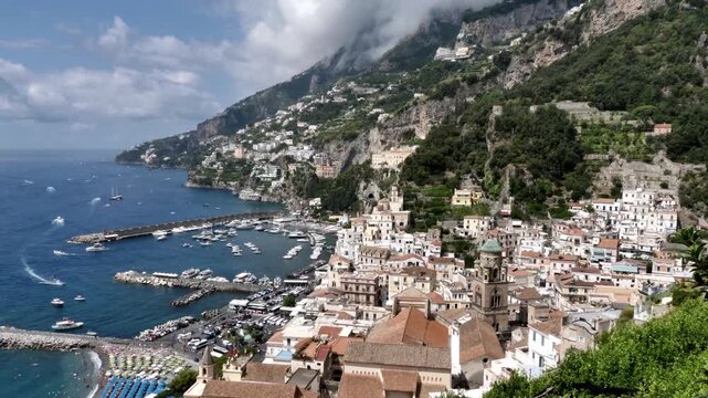 panoramic view of amalfi coast with town, harbor a