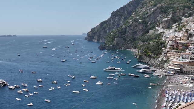 positano beach and boats on amalfi coast