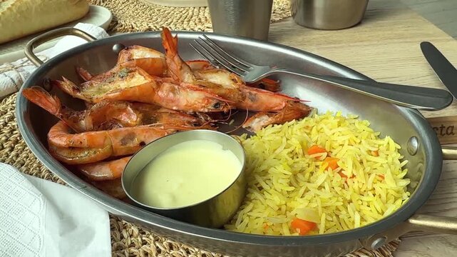 delicious grilled prawns served with rice and sauc