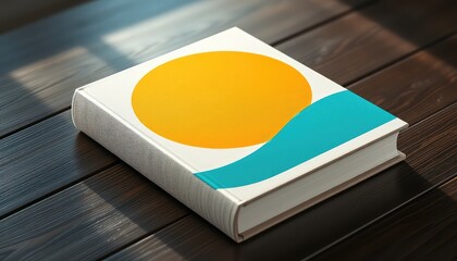 Book with abstract design featuring an orange circle and blue wave element, placed on a wooden surface under natural lighting