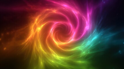A vibrant, swirling vortex of rainbow hues glows against a dark background, creating a celestial spectacle