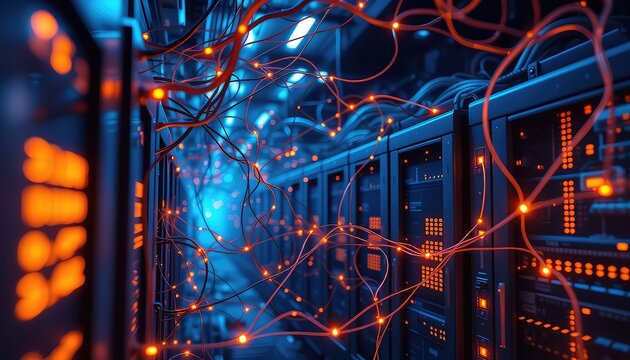Illuminated wires weave through rows of computer servers, conveying connectivity, data flow, and the complexity of information networks
