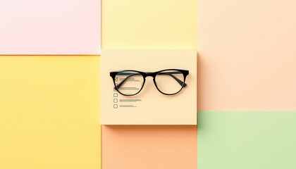 Glasses resting atop a checklist with a checked box, set against a pastel colored, geometric background
