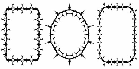 Three black decorative frames with sharp spiky edges in rectangular and circular shapes