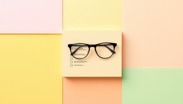 Glasses resting atop a checklist with a checked box, set against a pastel colored, geometric background