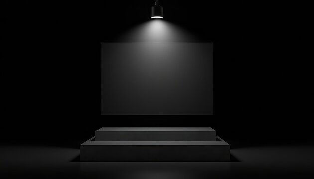 Minimalist blank canvas on a podium stage with spotlight in a dark room creates a sleek and modern look