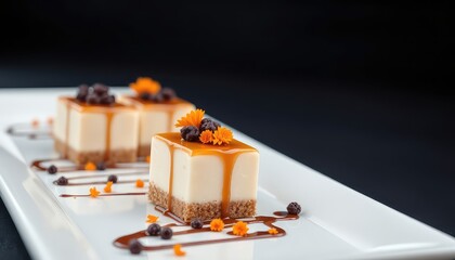 Delicious mini cheesecakes with caramel drizzle and flower garnish on a bright white elegant plate with dark chocolate accent.