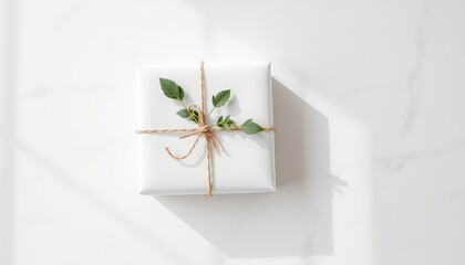 Elegantly wrapped gift with white paper, tied with natural twine, and adorned with a sprig of fresh green leaves, presented on a minimalist surface