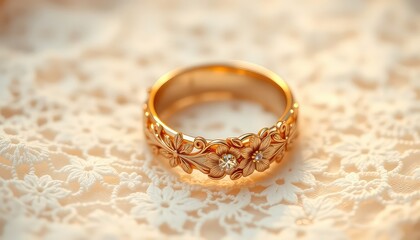 Floral Engraved Gold Band Ring with Sparkles Resting on Delicate Cream Colored Lace Fabric Detailed Close Up