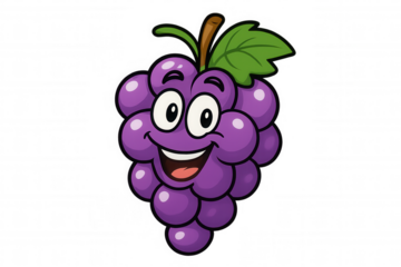 Smiling purple grape cartoon character showing happiness, a cute and playful fruit mascot with transparent background