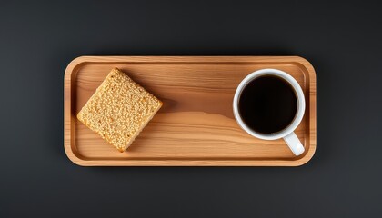 Simple wooden tray holding a coffee and pastry on top of a neutral tone background for a clean food styling image