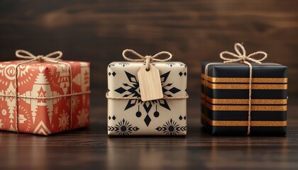 A Trio of Neatly Wrapped Presents with Decorative Paper and Twine Ties, Displayed on a Dark Wood Surface