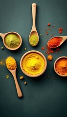 Colorful Assortment of Culinary Spices and Herbs Displayed in Wooden Bowls and Spoons on a Dark, Textured Surface for Creative Food Preparation