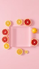 Slices of citrus fruits framing a translucent square on a pastel pink background creating a vibrant summer inspired layout