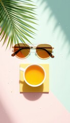 Summer Refreshments and Accessories A Minimalist Still Life with Tropical Foliage and Sunny Hues on a Geometric Pastel Background