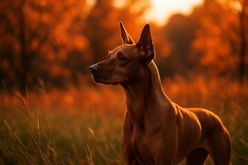 Vizsla dog standing in golden autumn field alert ears and warm sunset light