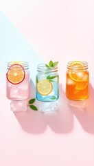 Refreshing summer drinks pink, blue, and orange beverages in glass jars with citrus slices and ice cubes on a colorful background
