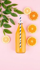 Refreshing citrus beverage in a glass bottle with a paper straw surrounded by slices of fruit and lush green leaves on a pink backdrop