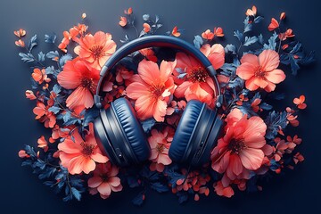 Headphones surrounded by coral flowers a vibrant and stylish compositio