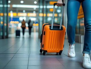 a person walking an airport pulling a vibrant orange suitcase