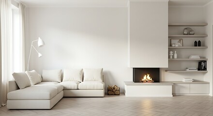 Bright White Modern Living Room Interior with Fireplace and Couch