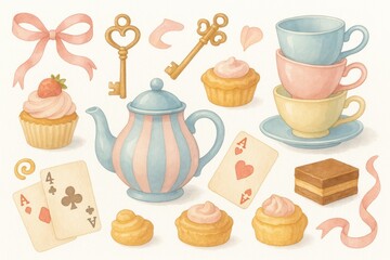 Whimsical tea party watercolor clipart with keys cards teapot pastries and ribbons