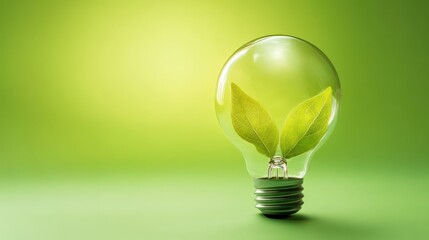 Sustainable energy solutions eco-friendly light bulb with green leaves indoor photography minimalist conceptual