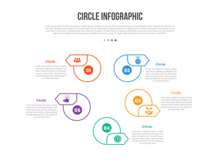 Circle base shape infographics template diagram with circular circle with arrow badge top side with 5 point step creative simple flat outline