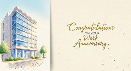 Elegant watercolor illustration for a work anniversary, showing a modern office building and 'Congratulations' text, symbolizing career milestones and professional dedication