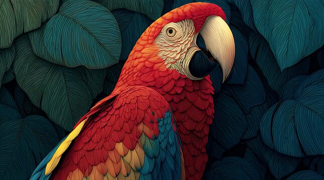 A vibrant illustration of a parrot amidst a backdrop of lush, dark green leaves