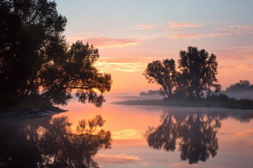 Fototapeta premium The tranquil water reflects the vibrant colors of the sky at dawn, with trees silhouetted against the horizon.
