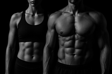 Fototapeta premium Studio lit athletic male and female torsos defined muscles on deep black background