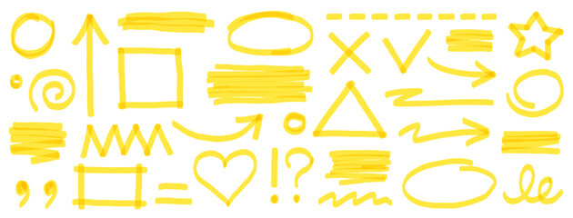 Highlight marker pen element set. Yellow color marker and brush stroke with highlight underline, check arrow and round circle. Doodle texture sketch shapes in school art style. Vector illustration