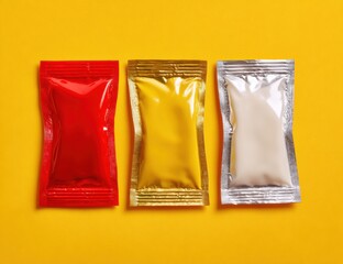 Three colorful condiment sauce packets in red, yellow, and silver on a bright yellow