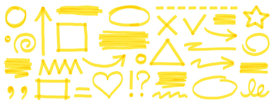 Highlight marker pen element set. Yellow color marker and brush stroke with highlight underline, check arrow and round circle. Doodle texture sketch shapes in school art style. Vector illustration