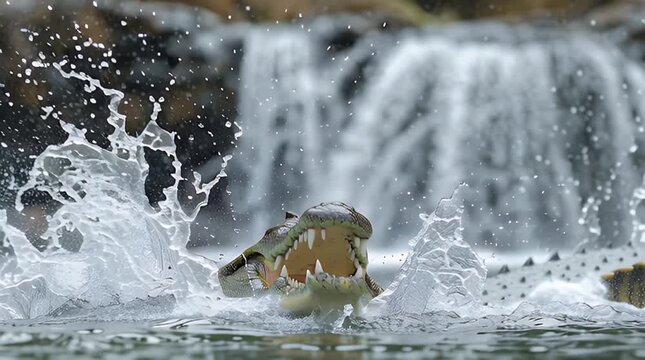 An alligator with its jaws wide open leaps from the water, with a waterfall in the background