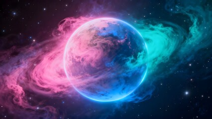 Obraz premium An abstract cosmic background featuring a glowing planet set against a nebula of swirling colors like pink, blue, and teal. The planet casts a soft glow, with the nebula surrounding it.