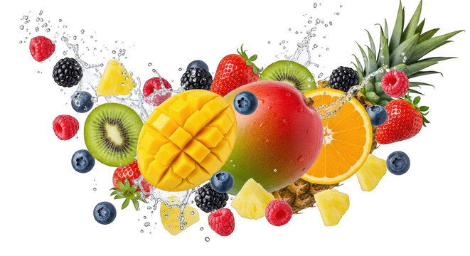 Vibrant assortment of fresh tropical fruits splashing in water for a refreshing healthy lifestyle