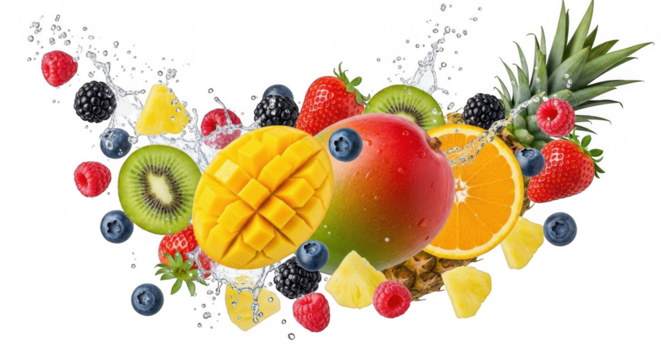 Vibrant assortment of fresh tropical fruits splashing in water for a refreshing healthy lifestyle