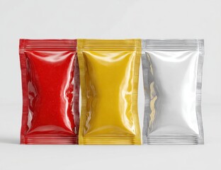 Three colorful sealed condiment packets in red yellow and white arranged side by side on