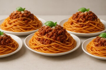 Assorted spaghetti bolognese plates arranged side by side with herbs and parmesan