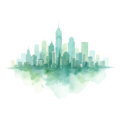 Serene urban landscape shimmering with dreamy watercolor textures on clear space