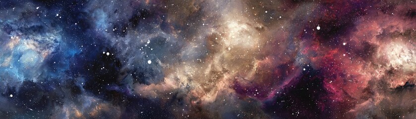 Obraz premium A stunning cosmic panorama showcasing vibrant nebulae and countless stars against a dark space backdrop, illustrating the beauty of the universe.