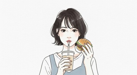 ハンバーガーとドリンクを持つ女性のアニメ風イラスト  
