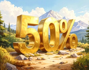 Golden 50% sign in a mountain landscape