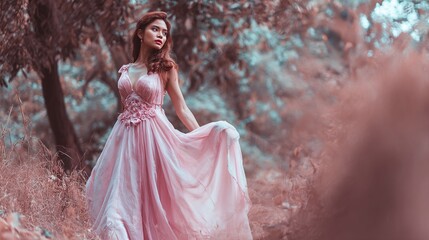 A young woman in a flowing pink gown poses in a soft-focus, ethereal forest scene